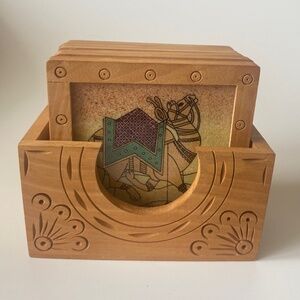 Moroccan 6 Coasters Set Wood and Glass Hand Painted Camels Vintage